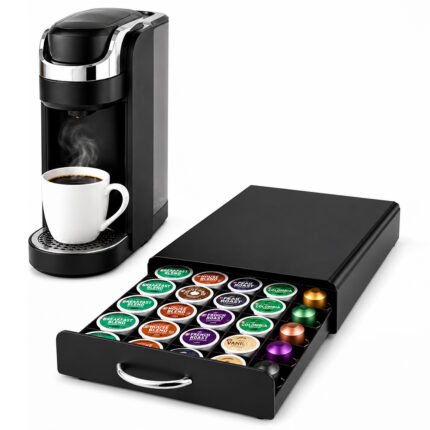 Pods Holder Drawer with Stainless Steel Top, Coffee Pod Organizer for 50 Large or 75 Small Capsules, Space Saving Coffee Bar Organizer for Countertop (Black)